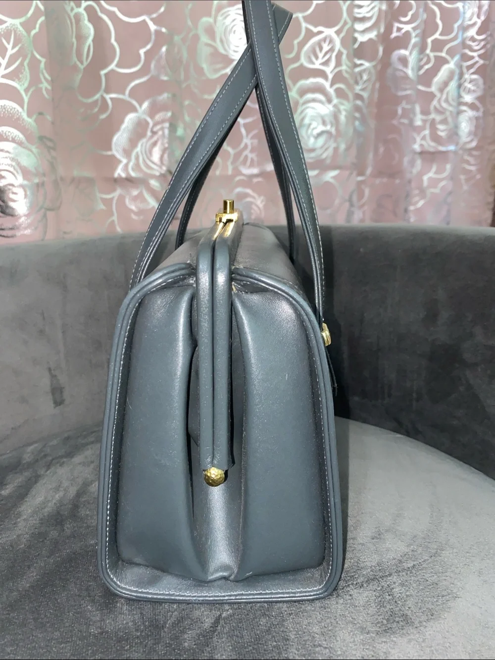 Vintage Kessler Gray Leather Handbag Top Handle Frame Bag Mid Century 1960s Tag